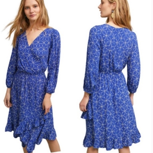 Anthropologie Tracy Reese Aleah Blue VNeck Floral Flowy Mid Length Dress - Picture 1 of 7